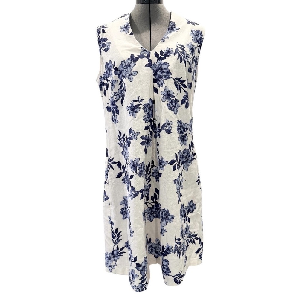 Connected Apparel Floral V Neck Linen Blend Midi Dress‎ Size 6 White Blue - Picture 3 of 9